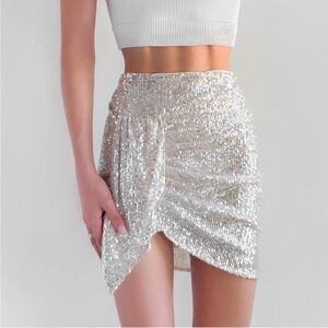 FREE PEOPLE Sequins Sparkly Wrap Mini Skirt in Ivory Silver